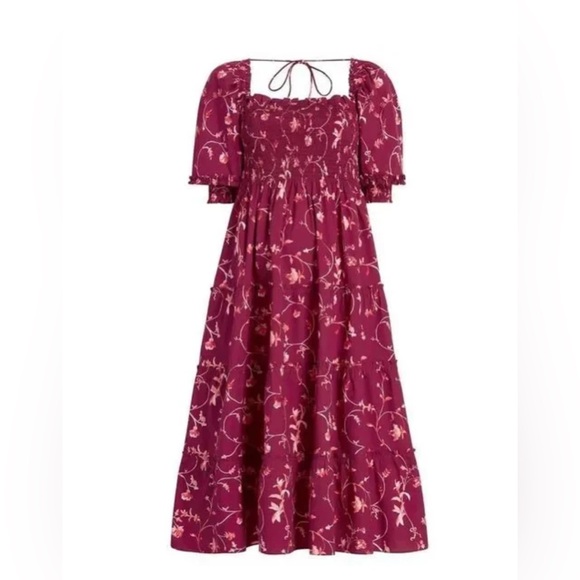 Hill House Home Midi Nesli Tiered Nap Dress in Burgundy Botanical Floral XS - Picture 10 of 12
